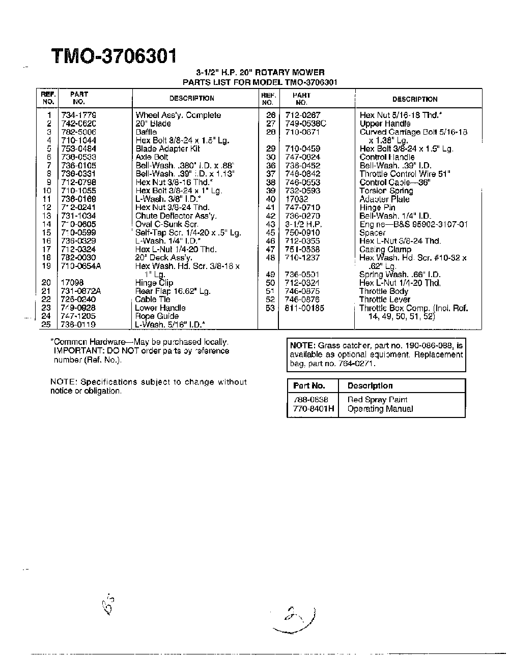3.5hp 20" rotary mower page 2 Diagram and Parts List for 3706301  MTD Lawn Mower