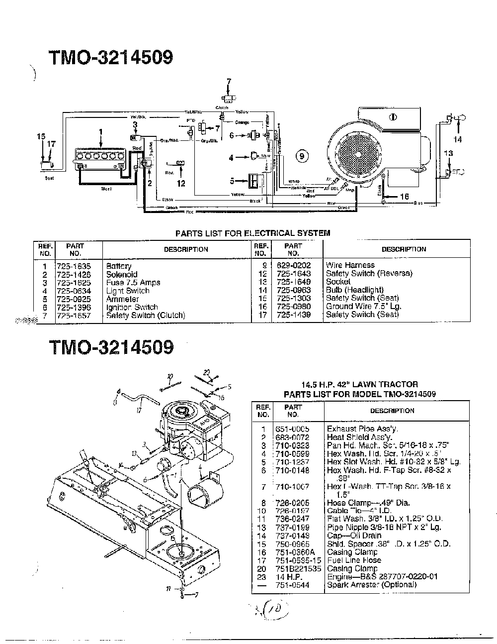 Electrical system/42" lawn tractor Diagram and Parts List for 3214509  MTD Lawn Tractor