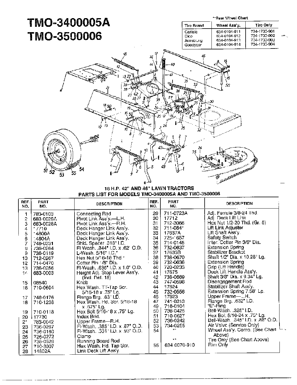 18hp 42"/46"   tractor/wheel chart Diagram and Parts List for 3400005A  MTD Lawn Tractor
