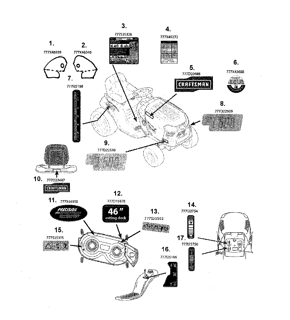 Decals Diagram and Parts List for 13AL79XS099  MTD Lawn Tractor