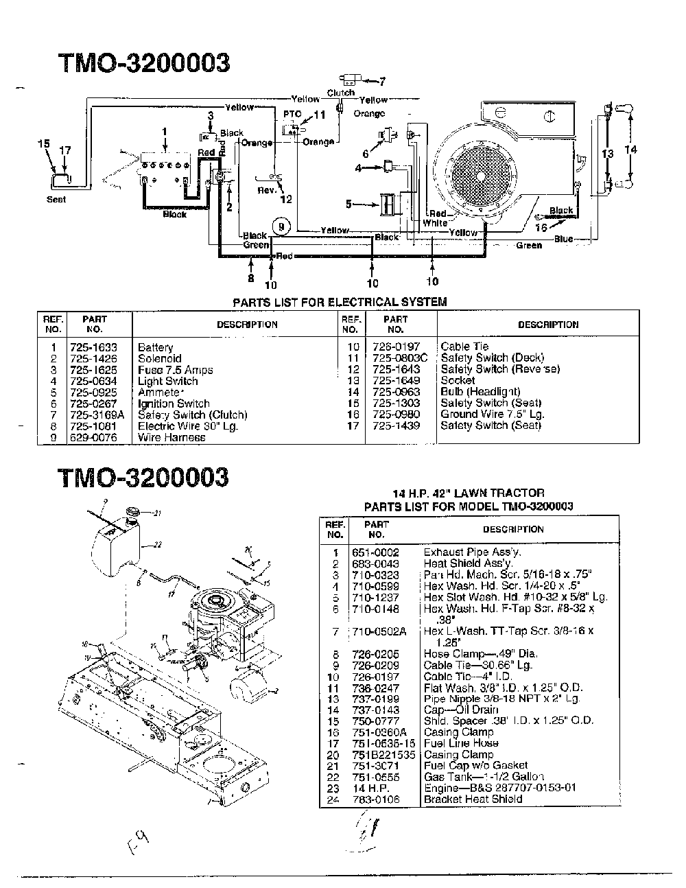 14hp 42" electrical Diagram and Parts List for 3200003  MTD Lawn Tractor