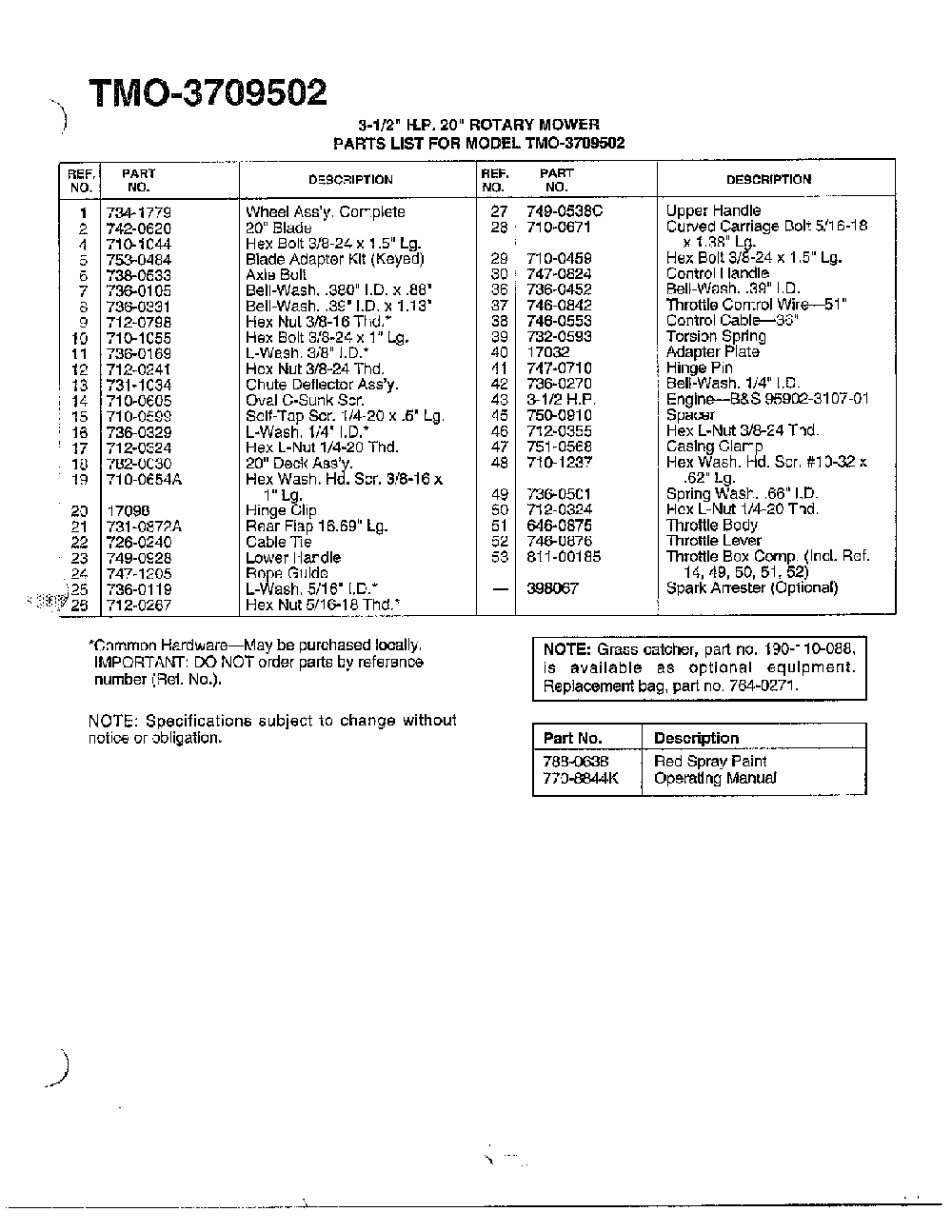3.5hp 20" rotary mower page 2 Diagram and Parts List for 3709502  MTD Lawn Mower