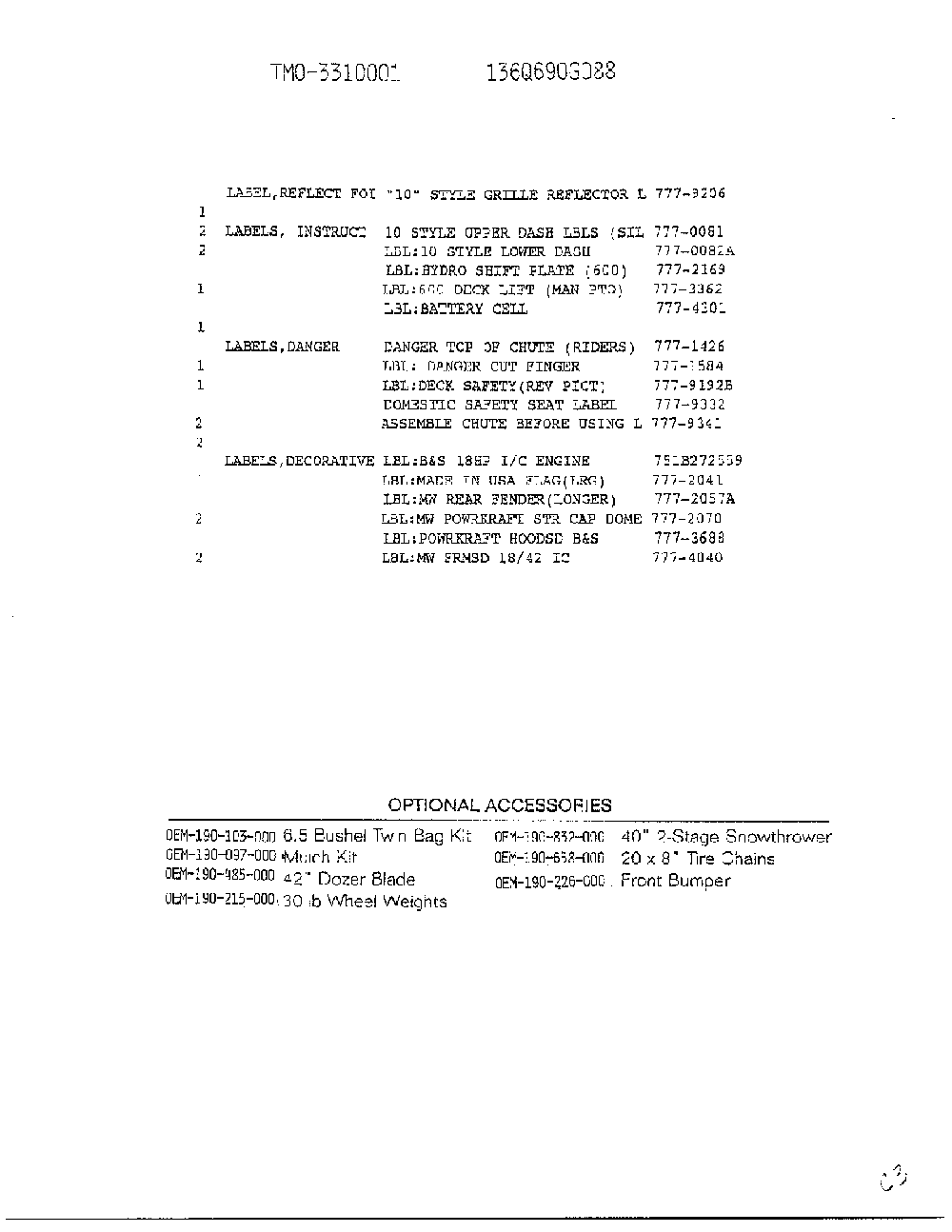 Labels/optional accessories Diagram and Parts List for 3310001  MTD Lawn Tractor