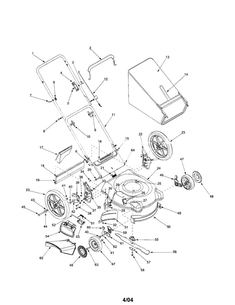 Bag/Deck/Handle/Wheels Diagram and Parts List for 540  MTD Lawn Mower