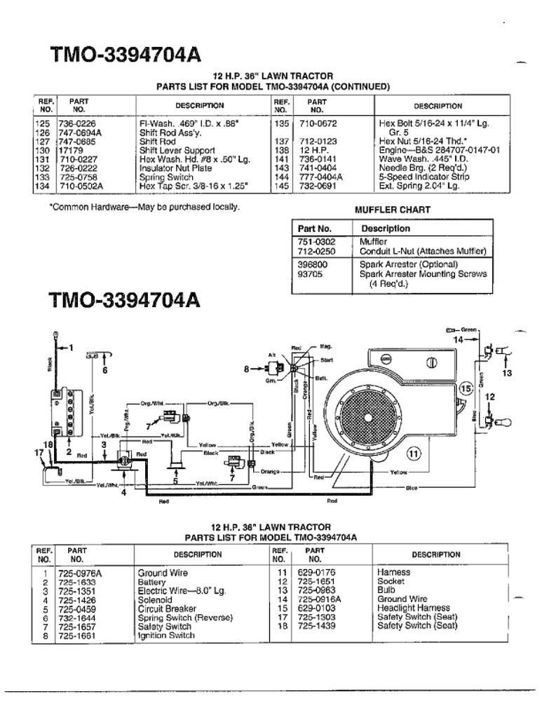 12hp 36-Inch Lawn Tractors 3 Diagram and Parts List for 3394704A  MTD Lawn Tractor