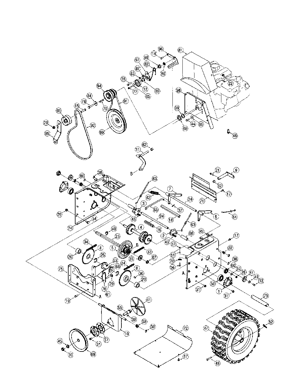 Wheels/transmission frame Diagram and Parts List for 31AH9J6I799  MTD Snow Blower