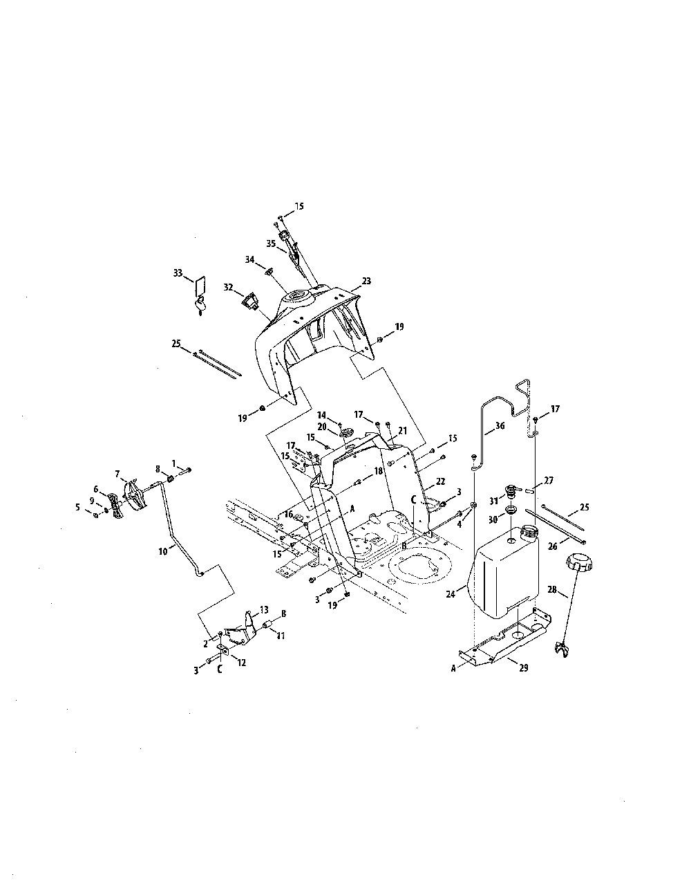 Dash panel/fuel tank Diagram and Parts List for 13AL79XT099  MTD Lawn Tractor