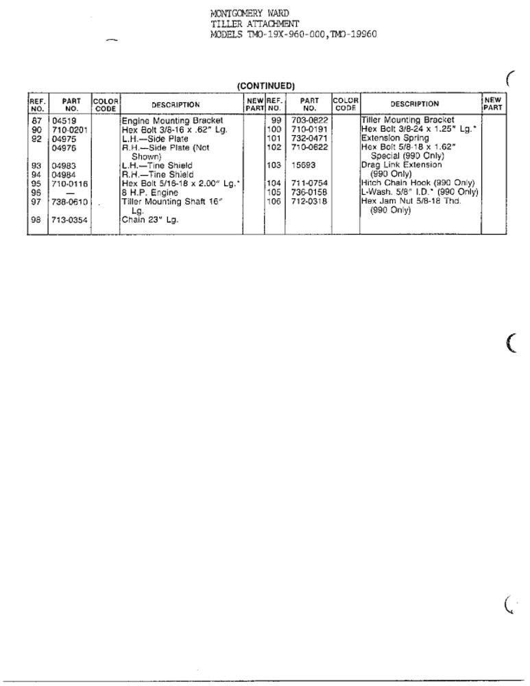 Tiller Attachment 3 Diagram and Parts List for 19960  MTD Tiller