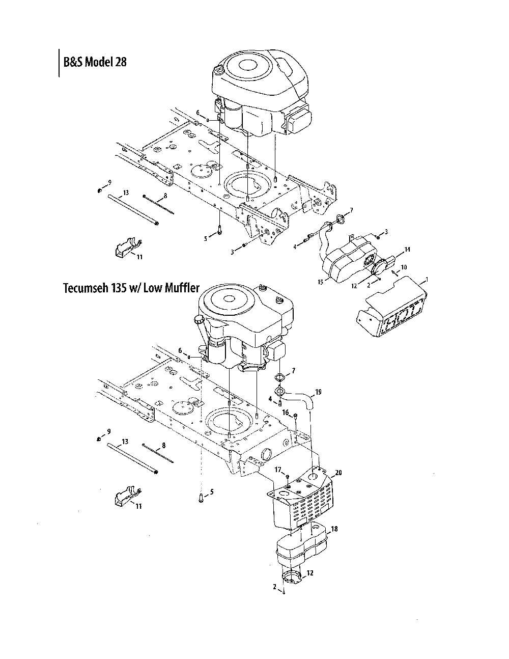 B&s 28/tecumseh 135 w/low muffler Diagram and Parts List for 13AJ771G031  MTD Lawn Tractor