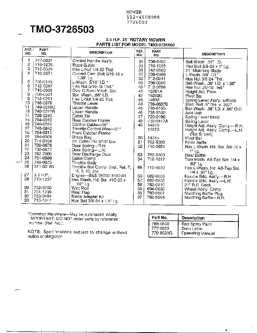 3.5 hp 21" rotary mower page 2 Diagram and Parts List for 3726503  MTD Lawn Mower