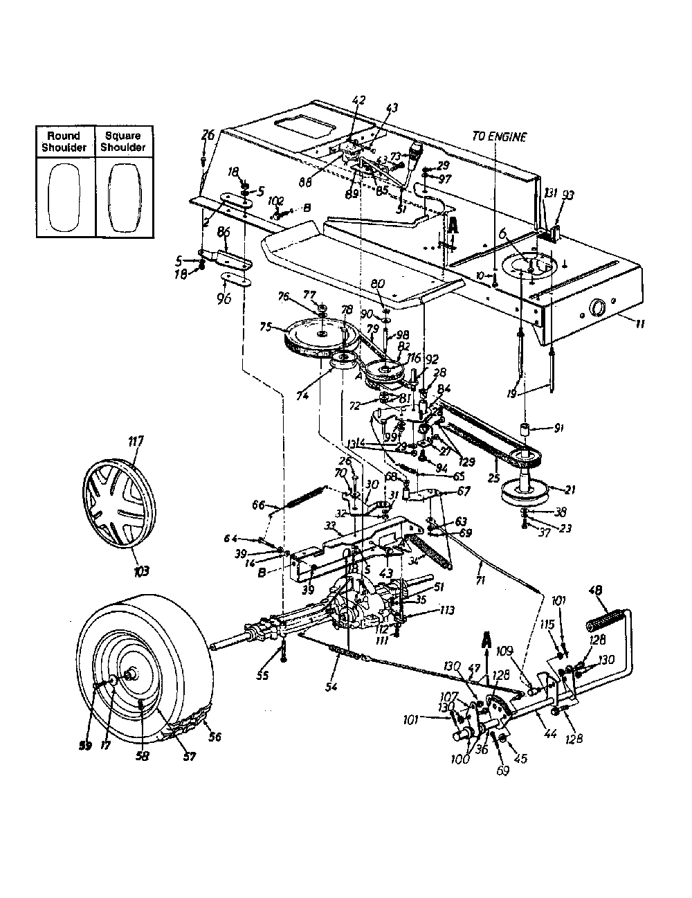 Wheel, rear/pedal/drive/lower frame Diagram and Parts List for 13AH665F020  MTD Lawn Tractor