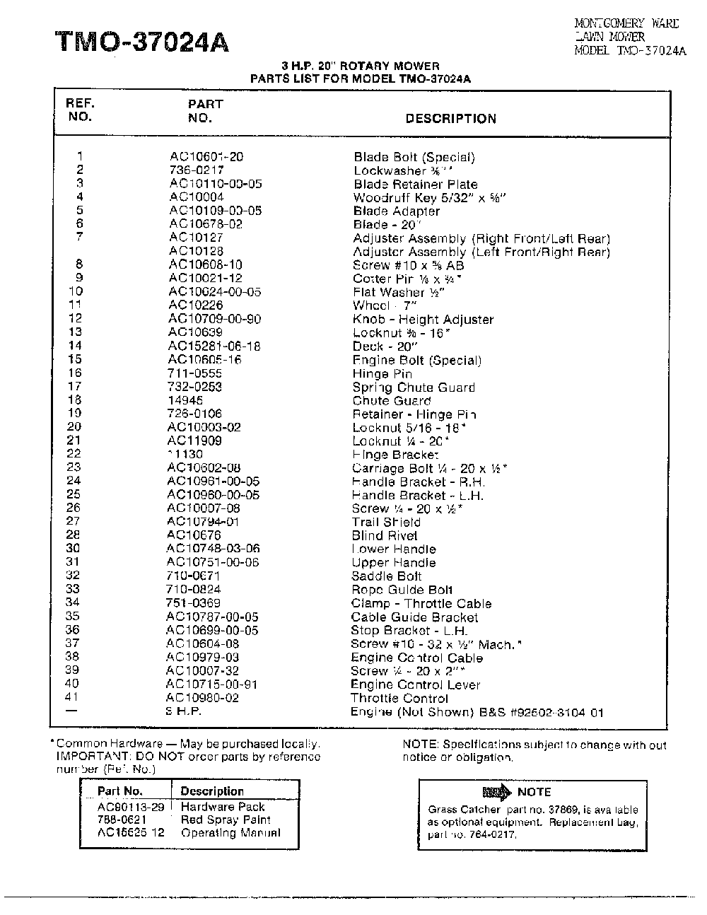 3hp 20" rotary mower page 2 Diagram and Parts List for 37024A  MTD Lawn Mower