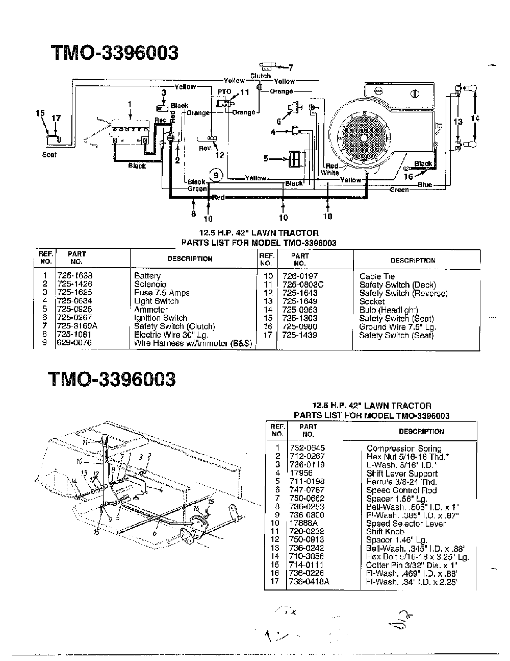 12.5hp 42" electrical Diagram and Parts List for 3396003  MTD Lawn Tractor