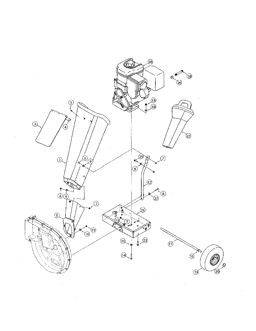 Chute/frame/engine Diagram and Parts List for 24A-464M799  MTD Chipper Shredder