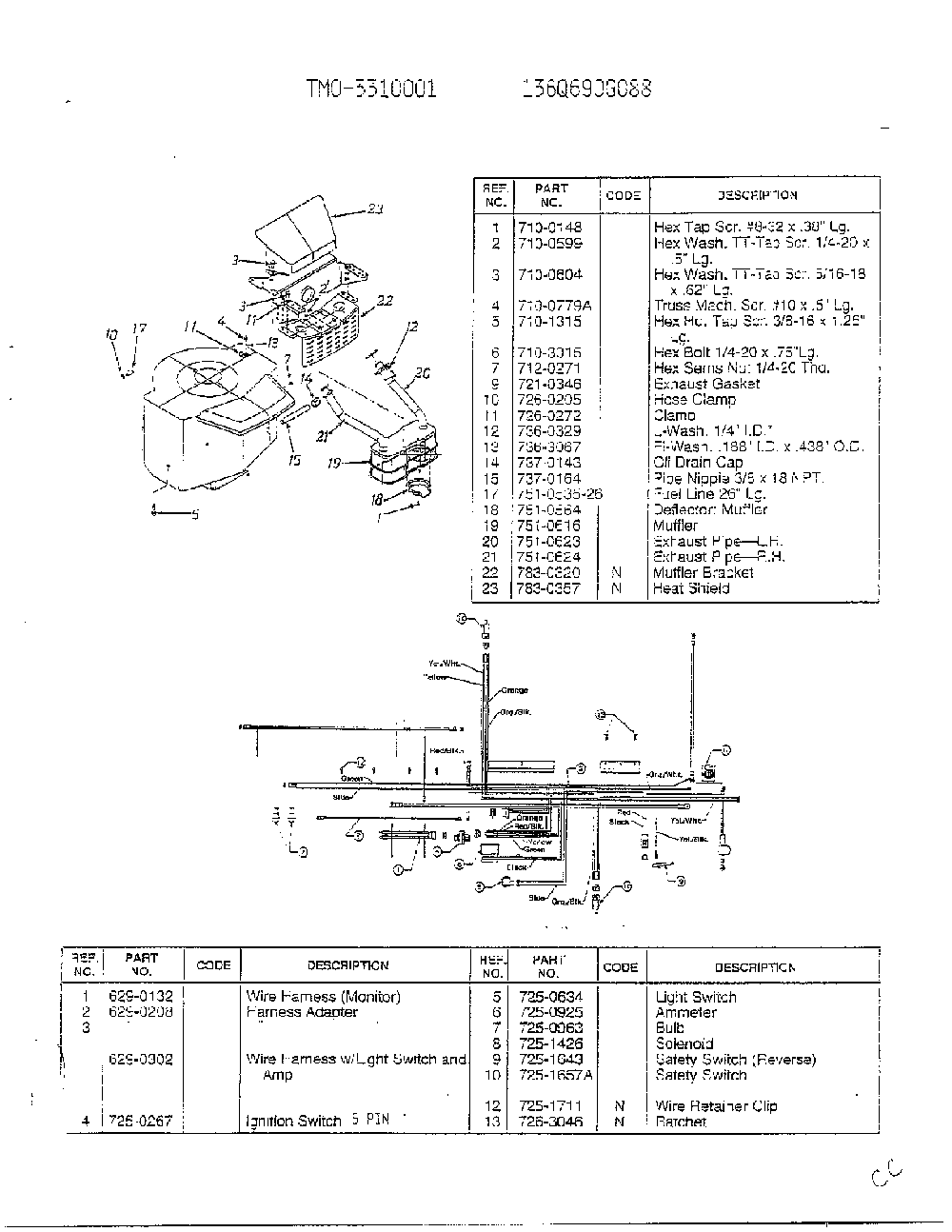 Electrical system Diagram and Parts List for 3310001  MTD Lawn Tractor