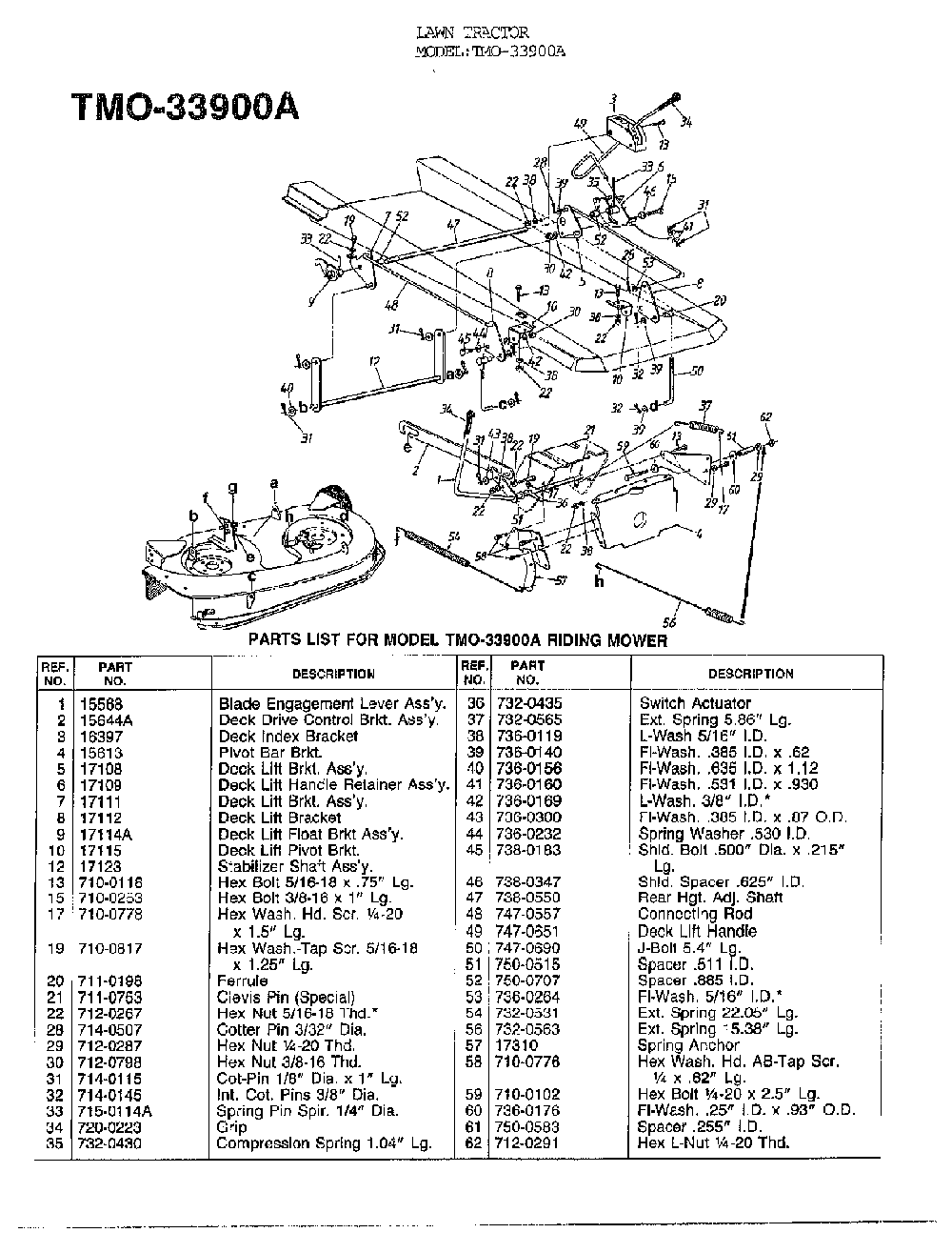 Riding mower deck assy. Diagram and Parts List for 33900A  MTD Lawn Tractor