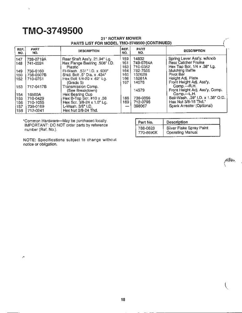 21-Inch Rotary Mower 3 Diagram and Parts List for 3749500  MTD Lawn Mower