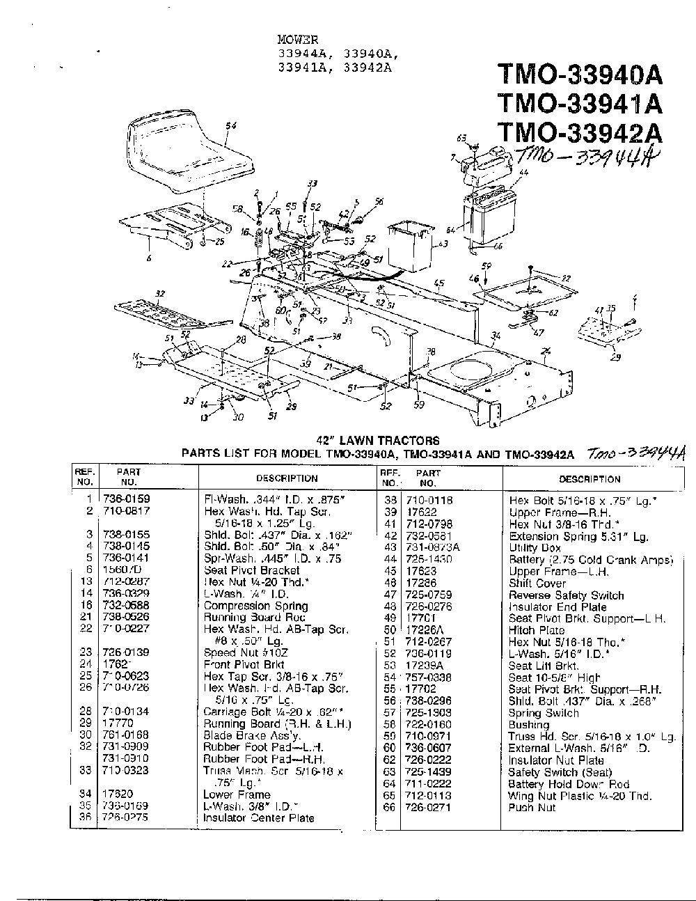 42" lawn tractors Diagram and Parts List for 33941A  MTD Lawn Tractor