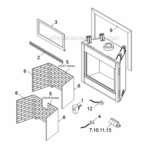 Models Cdvr33, Cdvt33, Cdvr36, Cdvt36, Cdvr42, Cdvt42, Cdvr47 , Cdvt47 Firebox Diagram and Parts List for CDV7SERIES  Majestic Fireplace & Insert