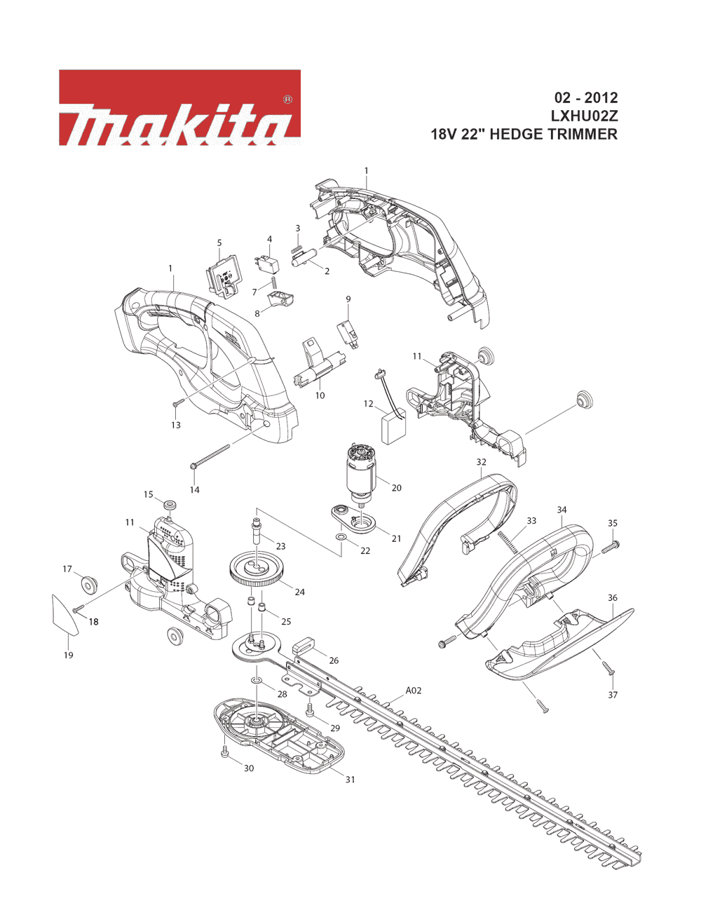 Page 1 Diagram and Parts List for LXHU02Z Type 1 Makita Trimmer