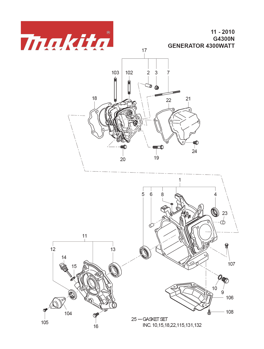 Page 15 Diagram and Parts List for G4300N Type 1 Makita Generator