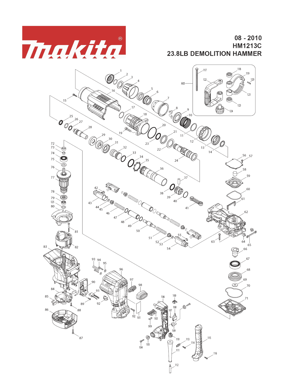 Page 1 Diagram and Parts List for HM1213C Type 1 Makita Demolition Hammer