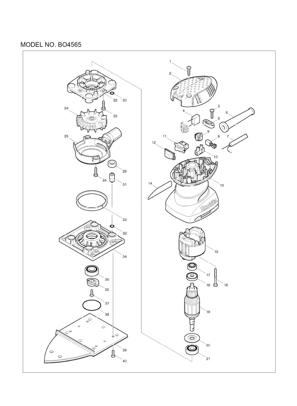 Page 1 Diagram and Parts List for BO4565  Makita Sander