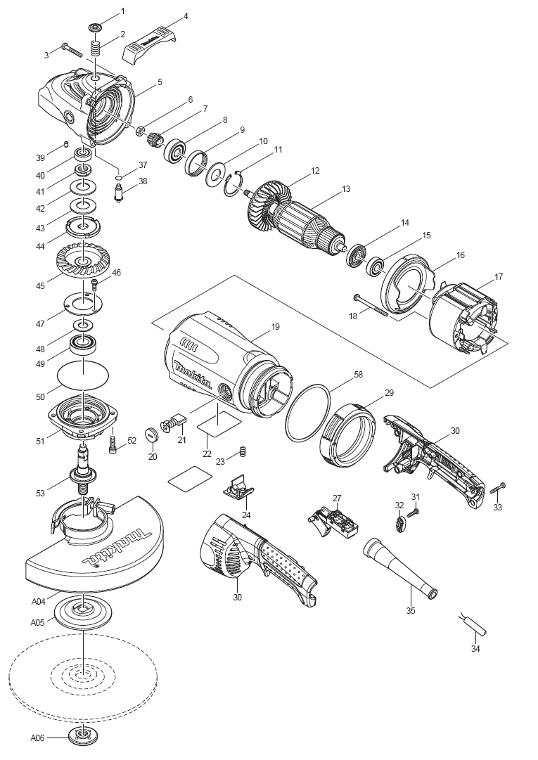 Page 1 Diagram and Parts List for GA9031Y  Makita Grinder