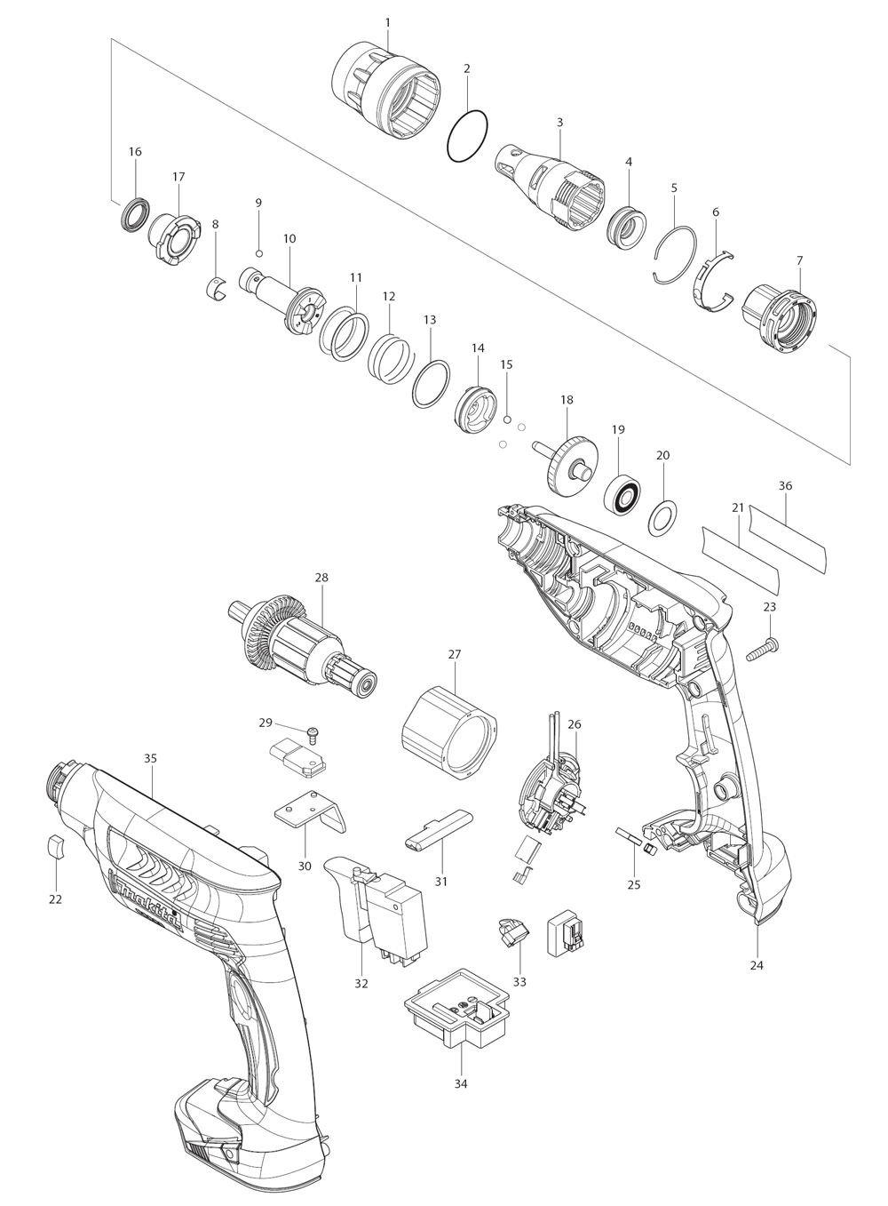 Page 1 Diagram and Parts List for XSF01Z  Makita Screwdriver