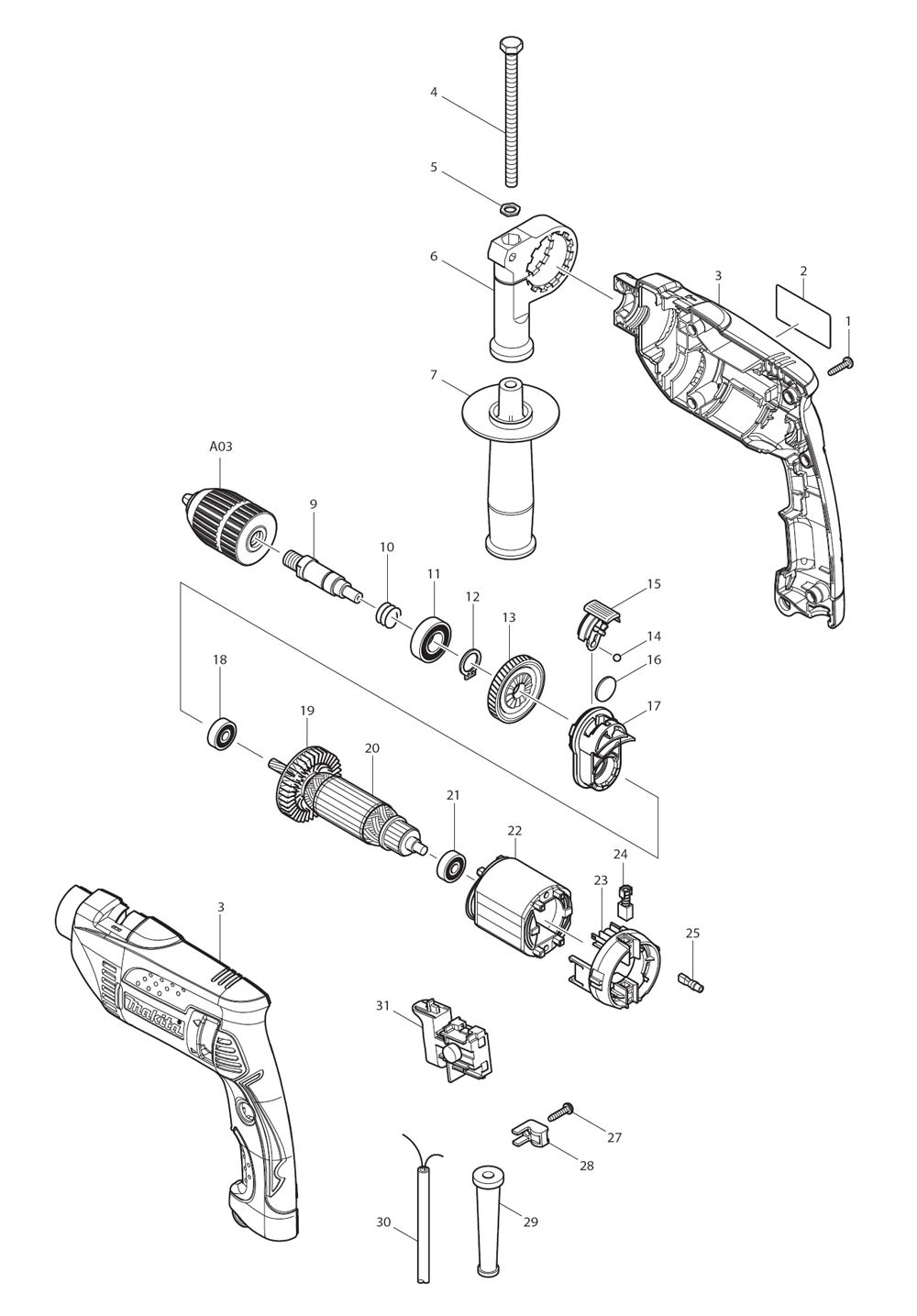 Page 1 Diagram and Parts List for HP1641FK  Makita Drill