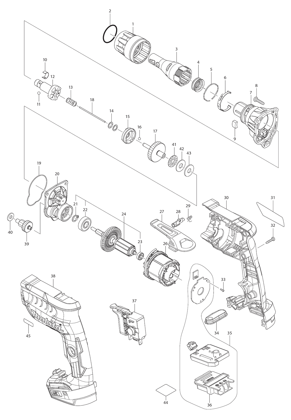 Page 1 Diagram and Parts List for XSF04Z  Makita Screwdriver