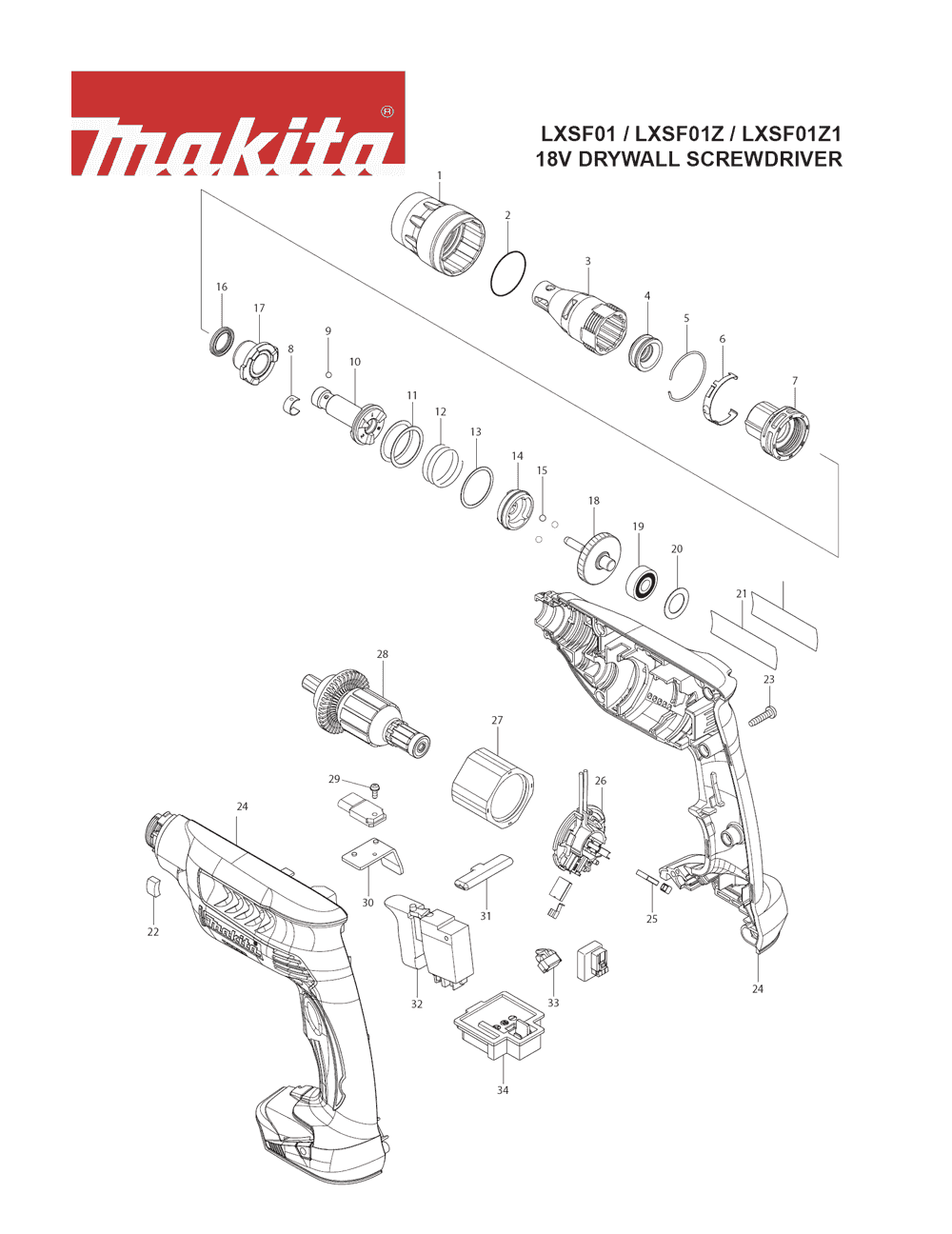 Page 1 Diagram and Parts List for LXSF01Z1 Type 1 Makita Screwdriver