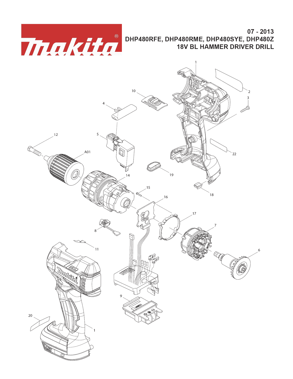Page 1 Diagram and Parts List for DHP480RFE  Makita Drill