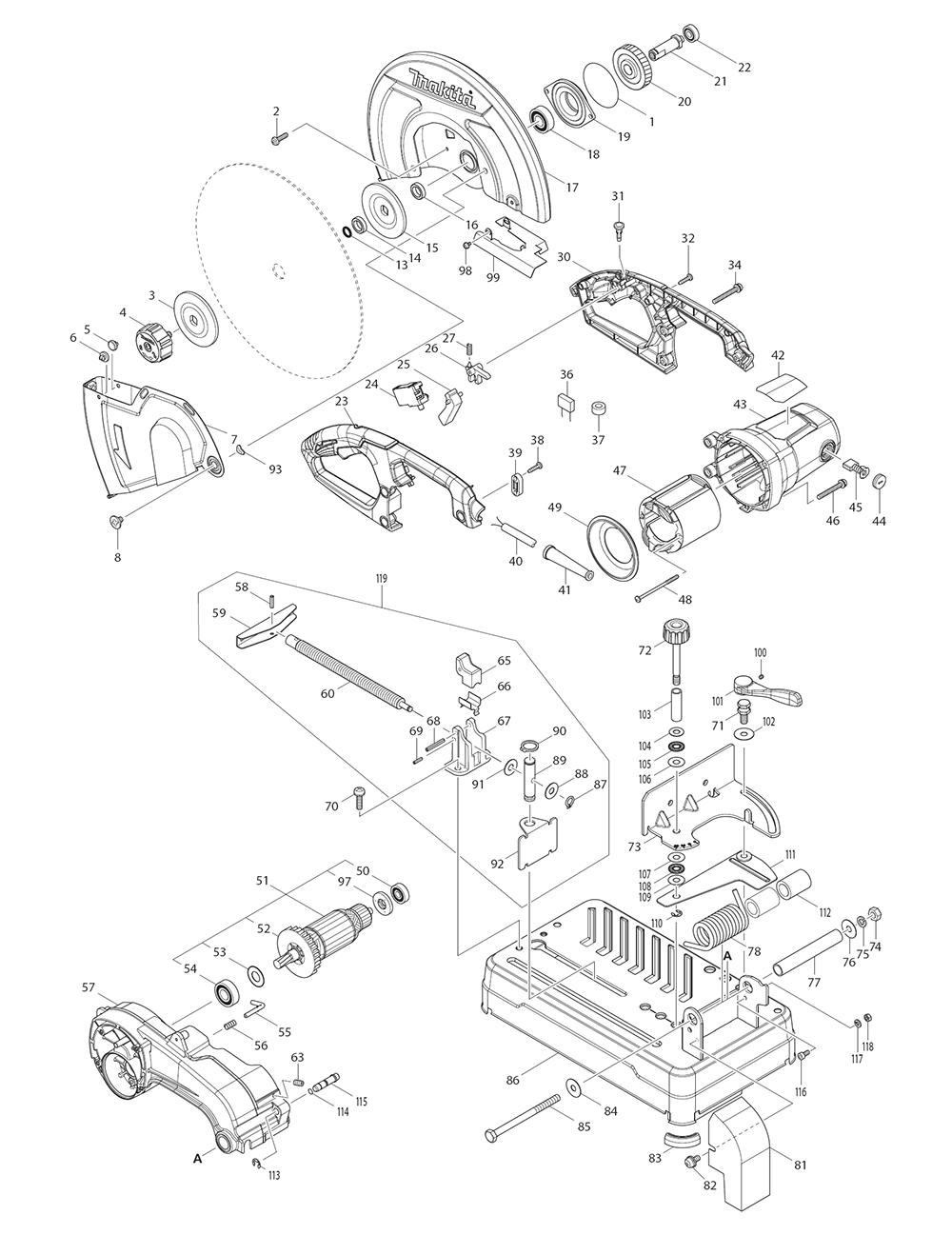 Page 1 Diagram and Parts List for LW1400X2  Makita Grinder