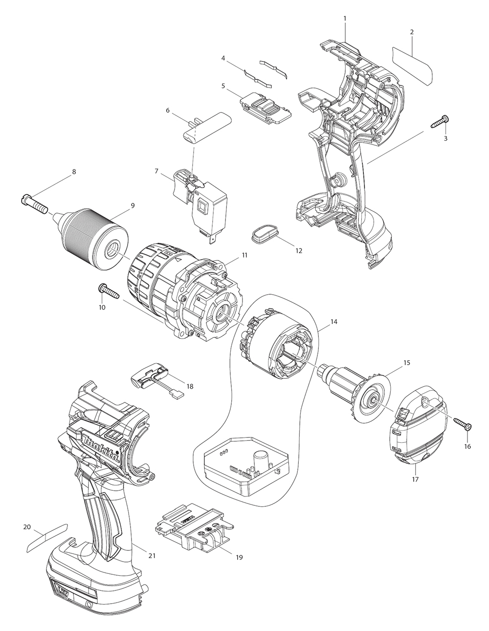 Page 1 Diagram and Parts List for XFD07T  Makita Drill