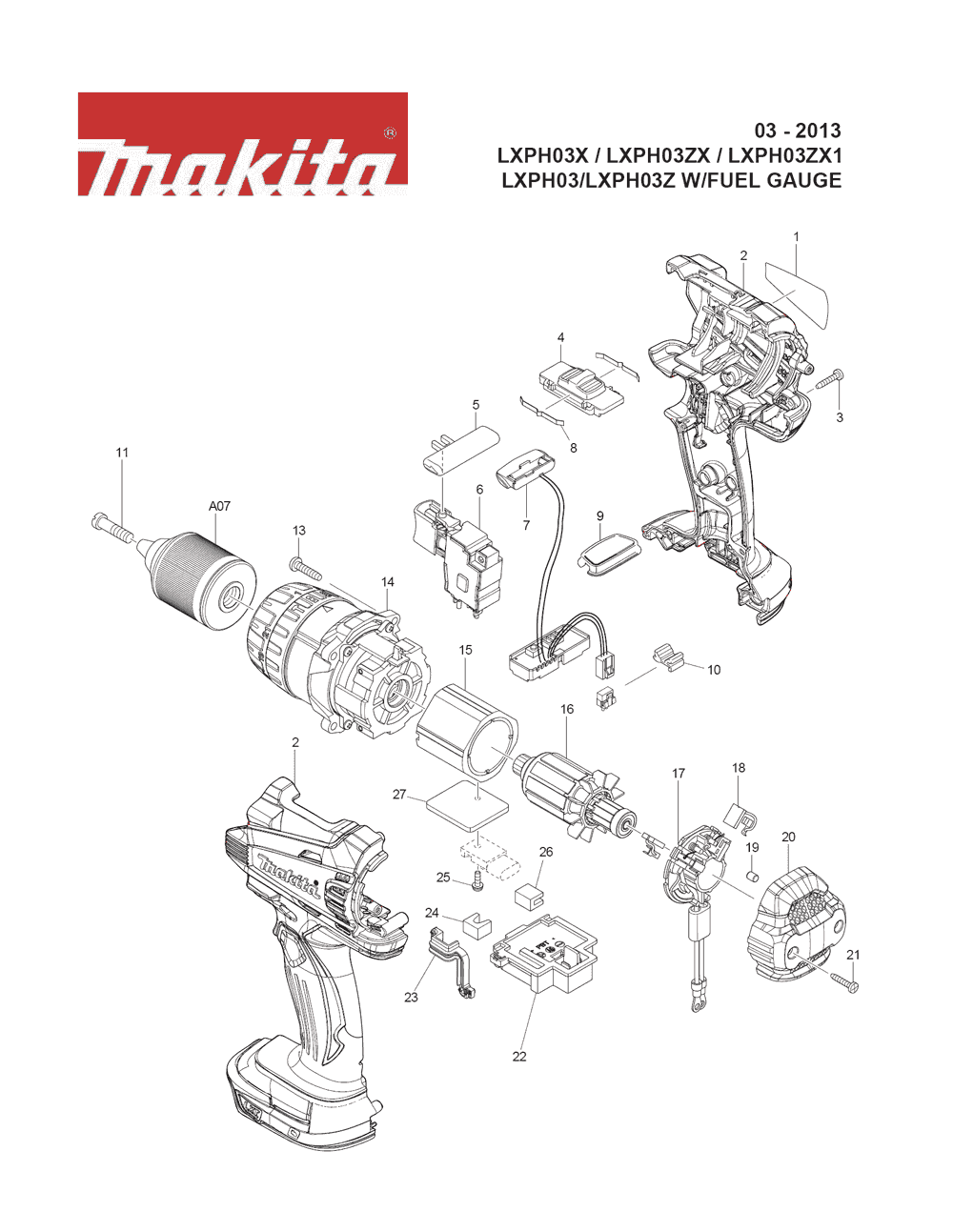 Page 1 Diagram and Parts List for LXPH03ZX Type 2 Makita Drill