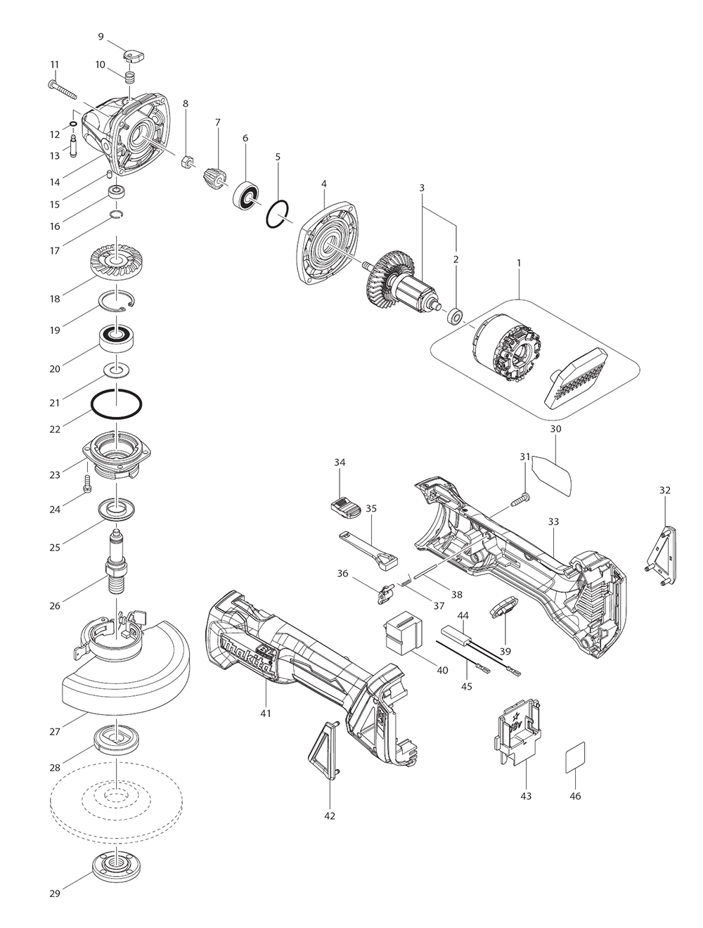 Page 1 Diagram and Parts List for XAG04Z  Makita Grinder