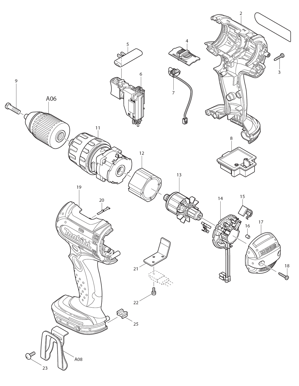 Page 1 Diagram and Parts List for BHP452H Type 1 Makita Drill