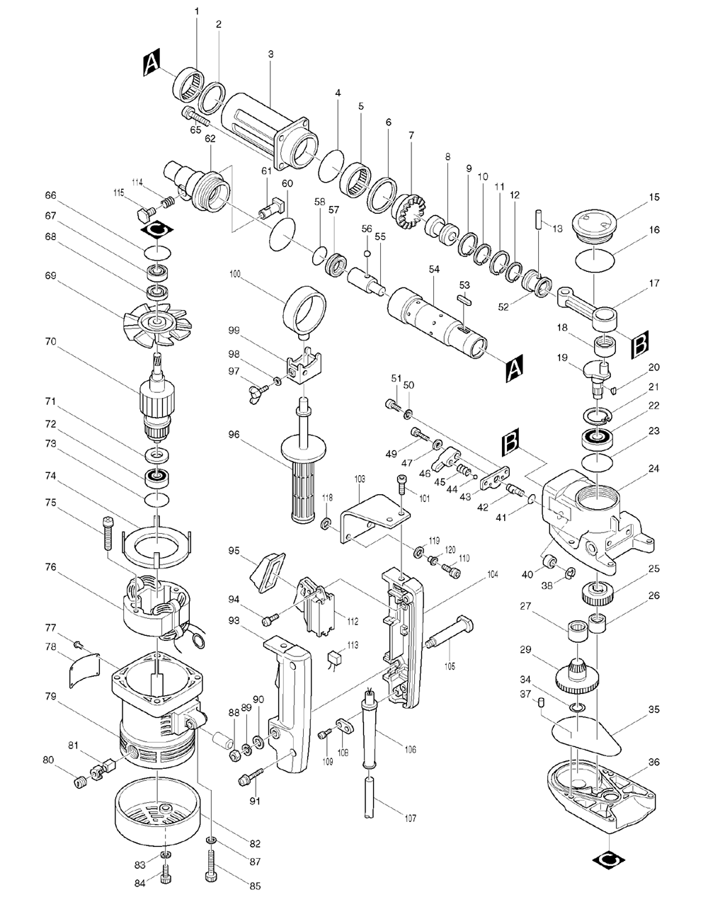Page 1 Diagram and Parts List for HR3850K  Makita Hammer