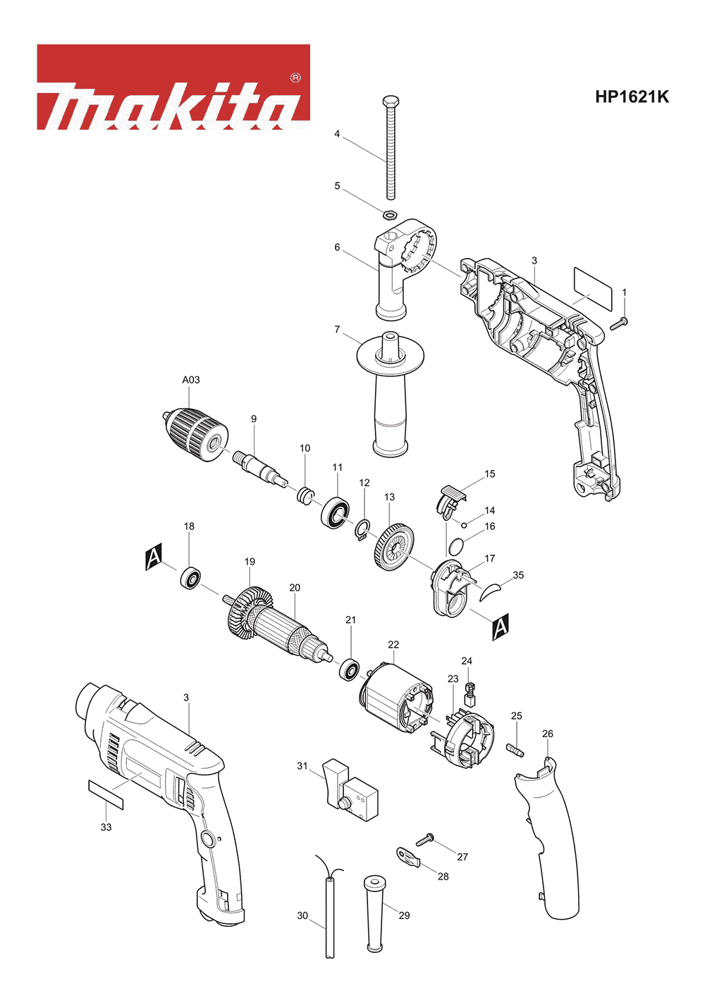Page 1 Diagram and Parts List for HP1621K Type 2 Makita Drill