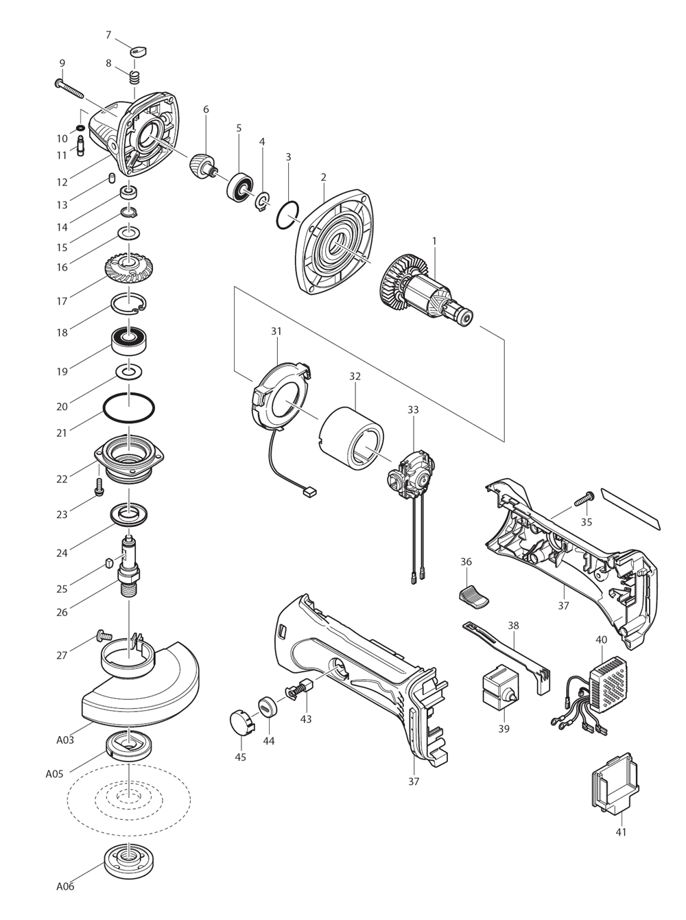 Page 1 Diagram and Parts List for BGA450Z Type 2 Makita Grinder