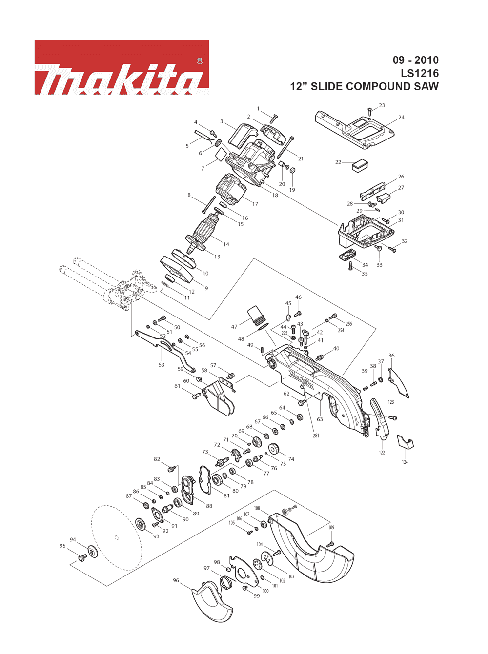 Page 2 Diagram and Parts List for LS1216 Type 2 Makita Saw