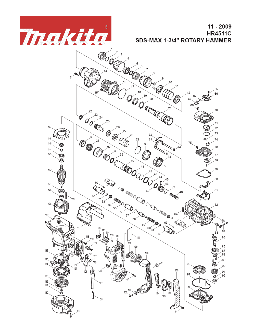 Page 1 Diagram and Parts List for HR4511C Type 1 Makita Hammer