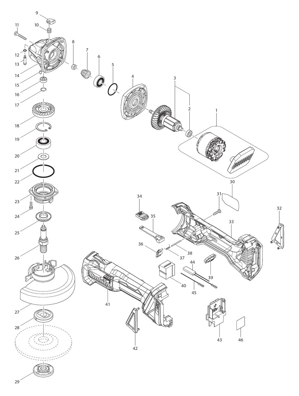 Page 1 Diagram and Parts List for XAG04T  Makita Grinder