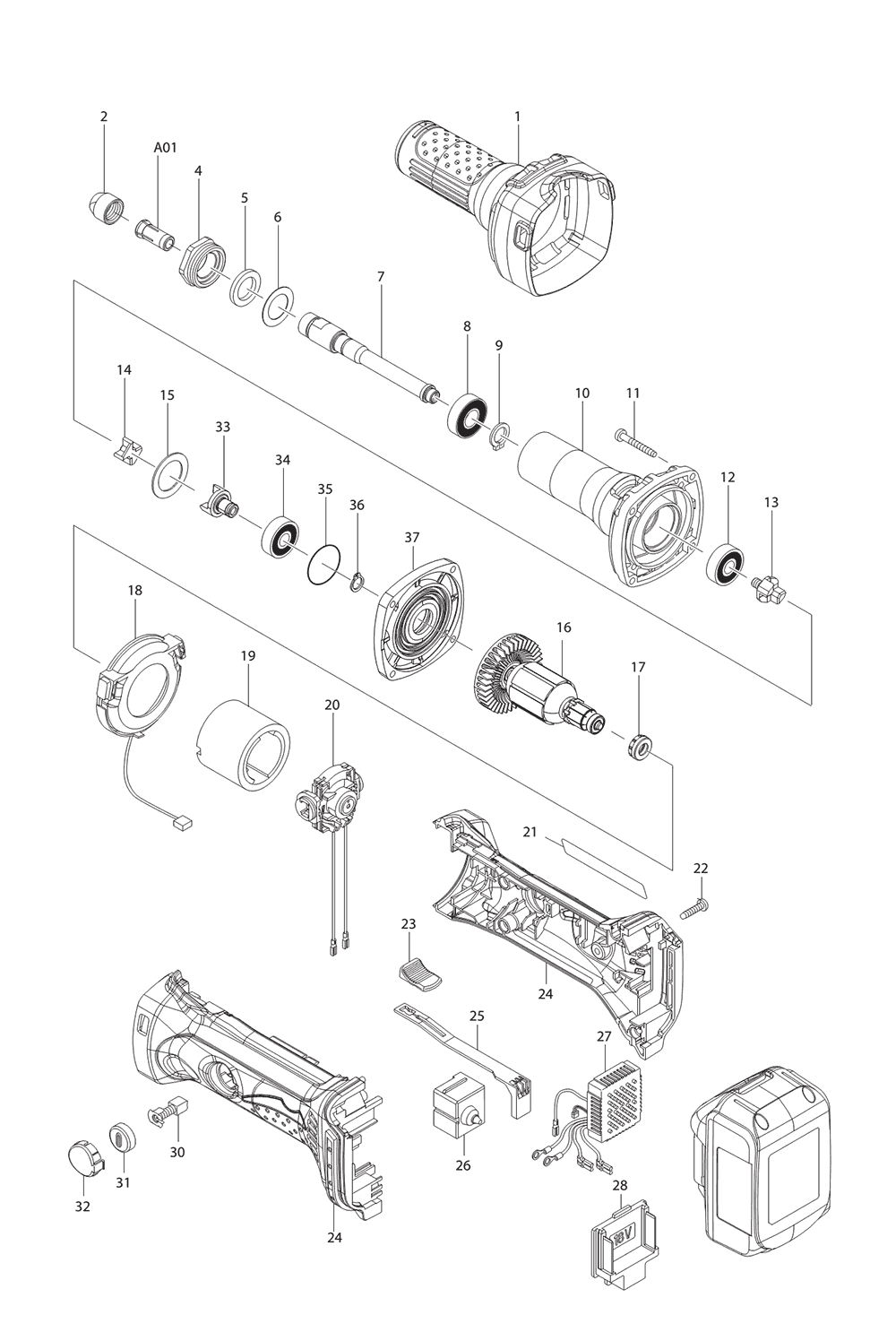 Page 1 Diagram and Parts List for LXDG01Z1 Type 2 Makita Grinder