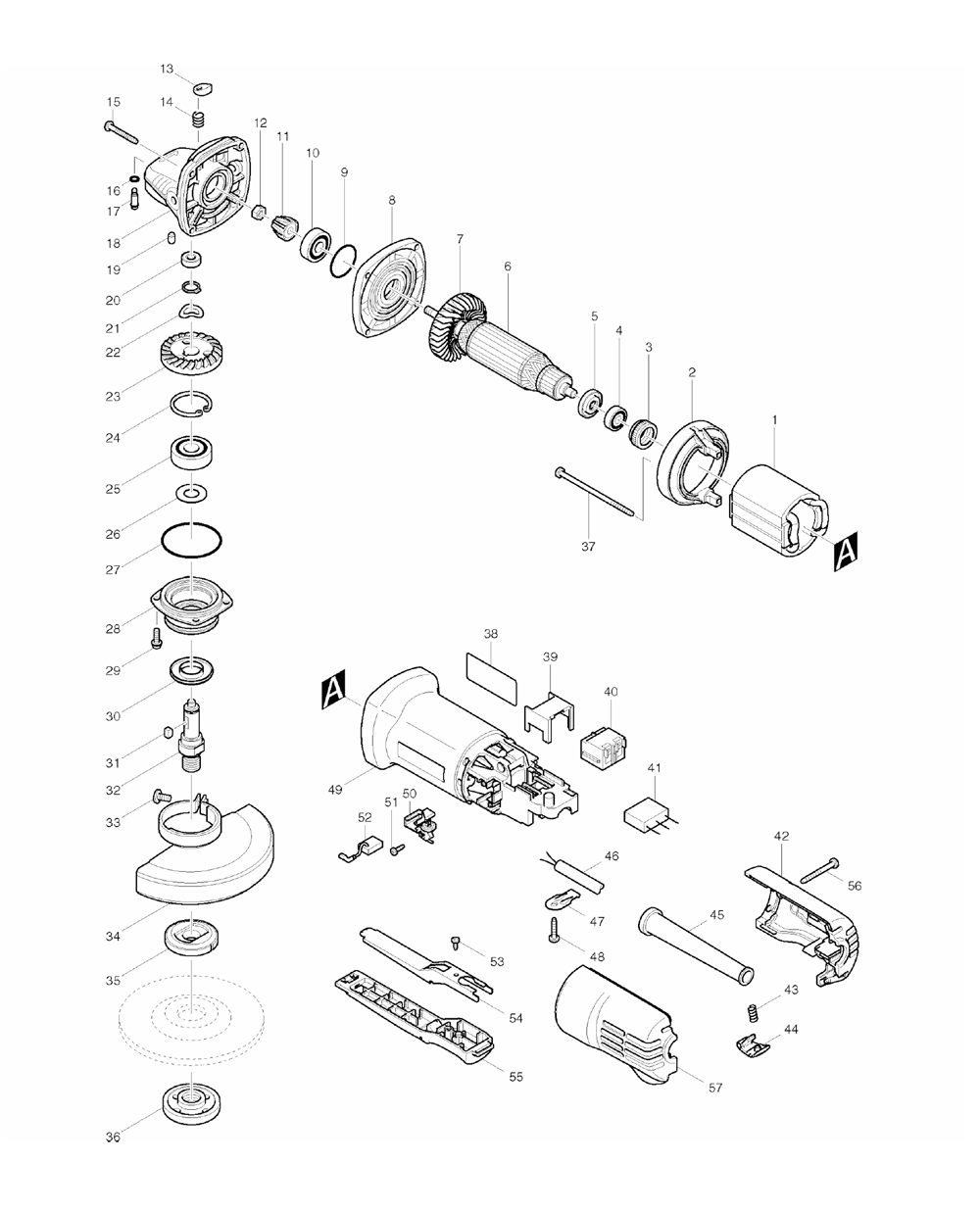 Page 1 Diagram and Parts List for 9557PBX1  Makita Grinder