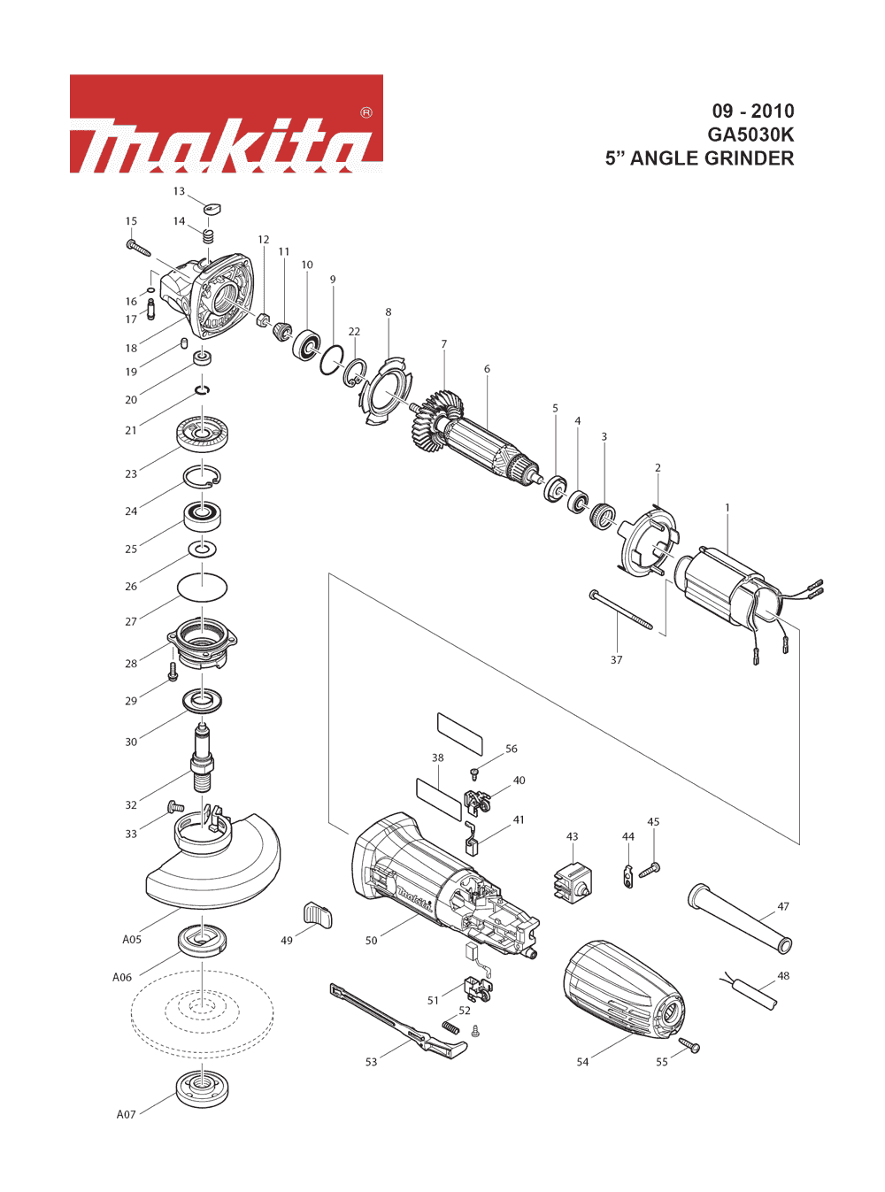Page 1 Diagram and Parts List for GA5030K Type 2 Makita Grinder