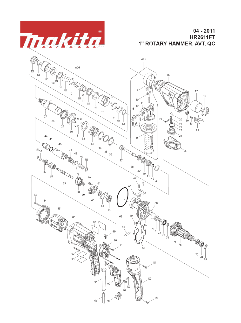 Page 1 Diagram and Parts List for HR2611FT Type 1 Makita Hammer