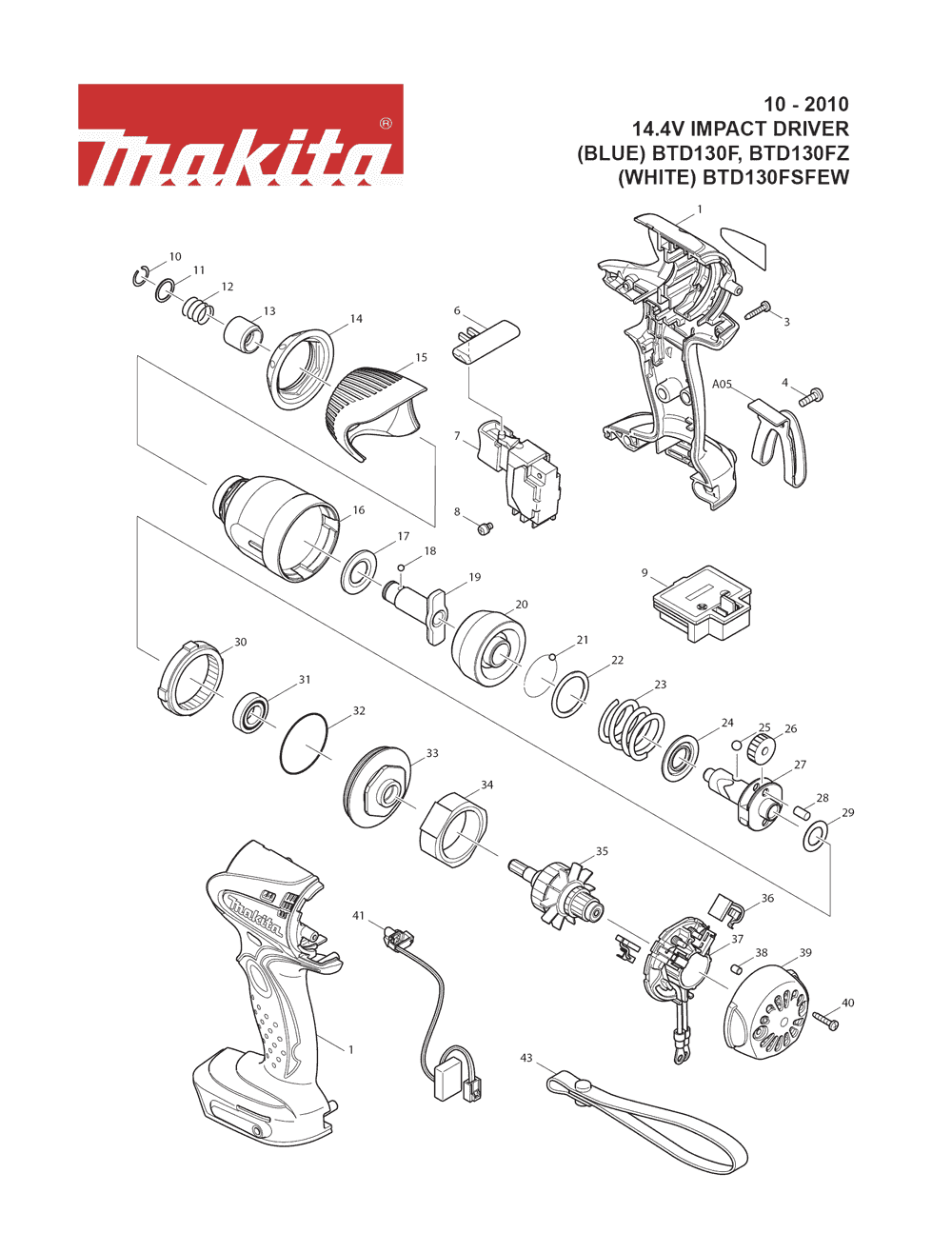 Page 1 Diagram and Parts List for BTD130FZ Type 1 Makita Drill