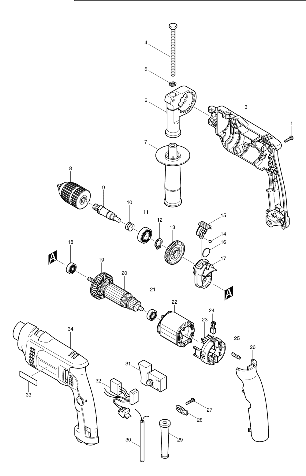 Page 1 Diagram and Parts List for HP1621FKX  Makita Drill